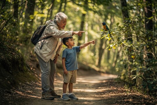 Elderly Woman and Young Boy Enthusiastically Observing Colorful Bird in Lush Forest Path, Dappled Sunlight Filtering Through Leaves, Intergenerational Connection, Rich Greenery, Capturing Wonder and