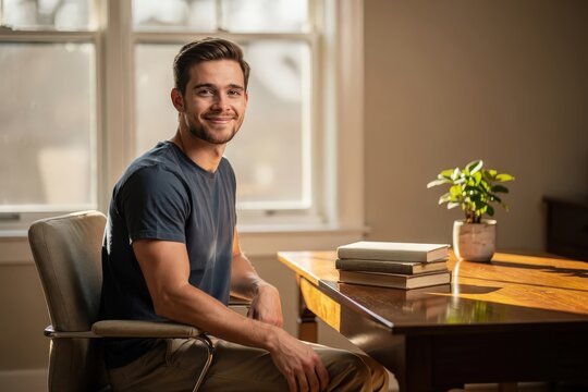 Smiling Young Man Relaxing in Sunlit Home Office, Warm Natural Light Streaming Through Large Windows, Potted Plant and Stack of Books on Wooden Desk, Capturing Peaceful Productivity