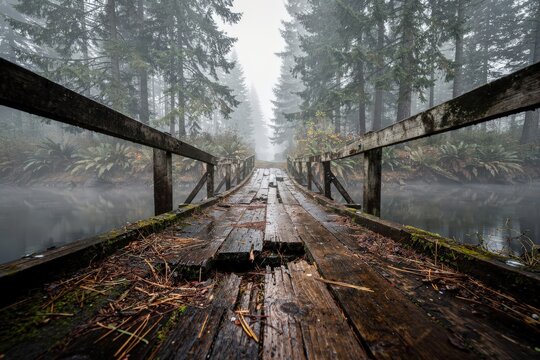 Weathered Wooden Bridge Leading Through Misty Forest, Enveloped in Fog and Mystery, Moss-Covered Planks and Pine Needles, Cool Earthy Tones, Capturing Tranquil Solitude and Nature's Serenity