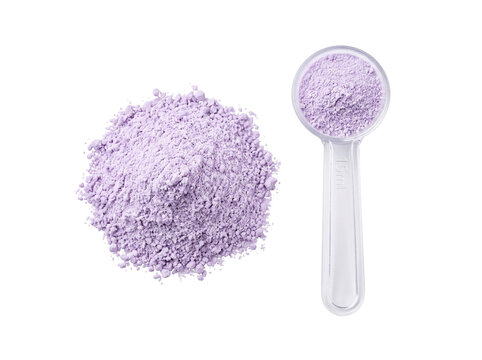 Purple supplement powder plastic scoop measuring fitness dose isolated on black background for health, wellness, collagen, taro protein, nutrition, pre-workout supplement product mock-up design