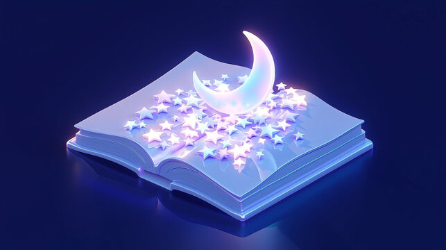 Isometric 3D rendering of an open magic book with glowing crescent moon and stars on dark blue background