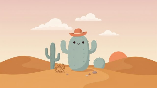 Cute cartoon cactus wearing cowboy hat standing in sunny desert landscape illustration with stylized cactus character