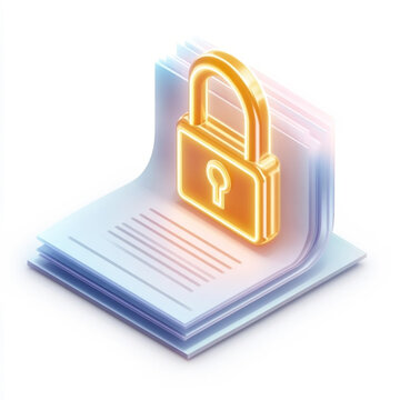 Isometric 3D illustration of a glowing gold padlock on a stack of documents representing data security and information privacy protection