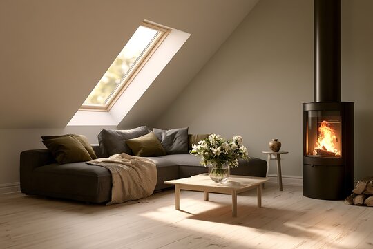 Cozy attic living room with fireplace, comfortable sofa, and skylight window in a scandinavian home