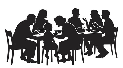 Fototapeta premium Silhouette of a family eating together at the dining table.