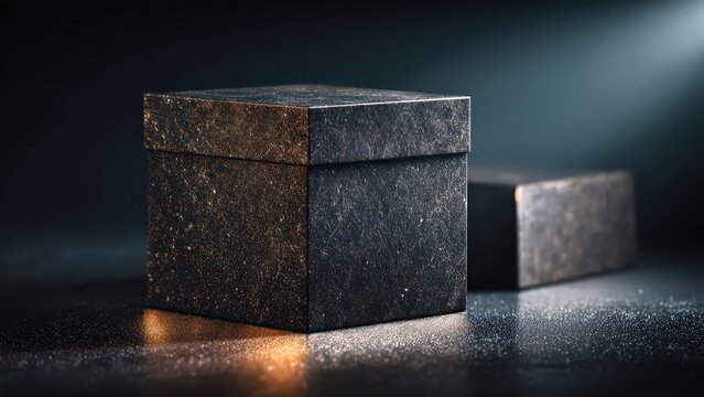 Black square gift box with glitter texture on a dark reflective surface under dramatic spotlight