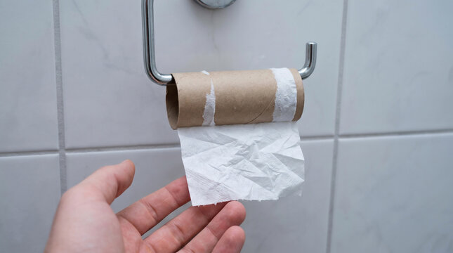 Hand Reaching for Empty Toilet Paper Roll on Chrome Holder in Bathroom