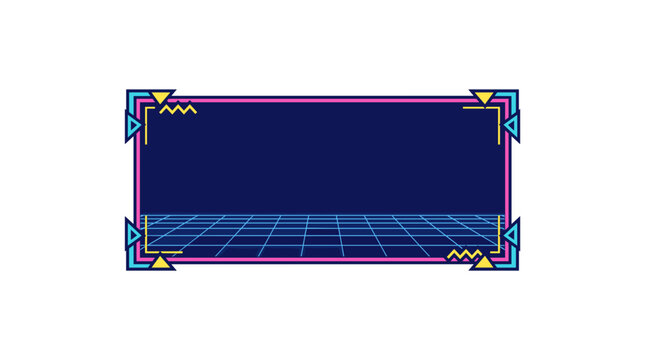 Retro synthwave frame design with glowing digital grid and geometric abstract border elements