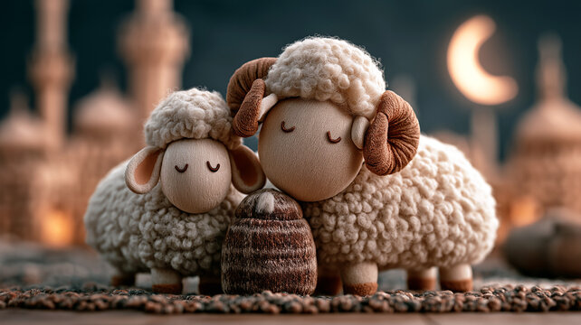 Two cute sheep characters with soft wool and curled horns stand beside a decorative vessel, set against a warm Middle Eastern mosque inspired background