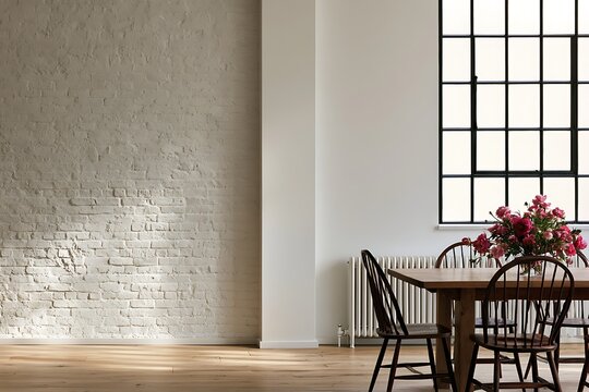 Dining room interior with wooden table, chairs, and flowers near a window, white brick wall, and radiator in a bright, modern apartment