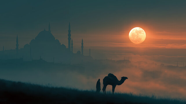 A cinematic silhouette of a camel standing on a misty hillside at sunset, with a glowing full moon and an elegant mosque skyline in the background, creating a serene Middle Eastern