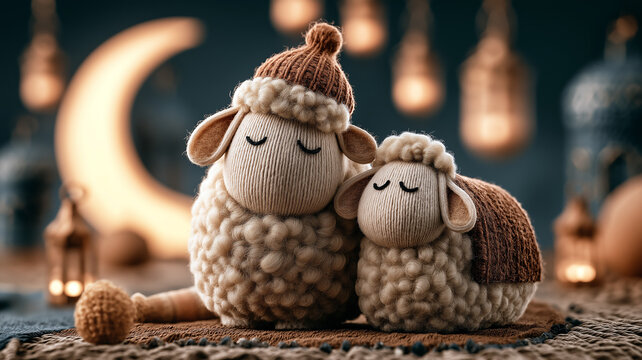 Two cute sheep characters with soft wool and curled horns stand beside a decorative vessel, set against a warm Middle Eastern mosque inspired background