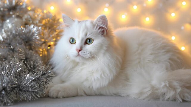 White fluffy cat relaxing beside silver tinsel and glowing holiday lights, shifting gaze in a festive Christmas setting