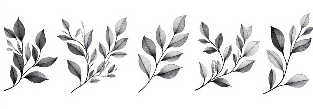 Five delicate monochrome leaf branches hand-drawn in ink with soft shading, minimalist elegant natural calm