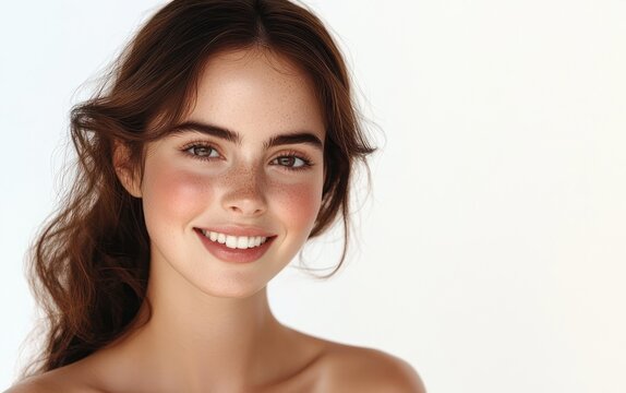 Portrait of a serene woman with wavy brown hair, bare shoulders and visible collarbones, soft lighting and neutral background, face intentionally blurred to convey anonymity