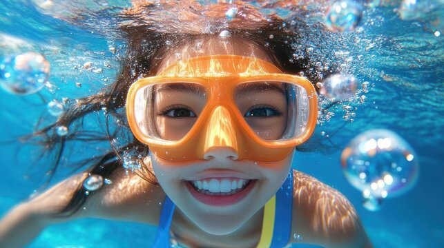 Smiling snorkeler wearing an orange diving mask in a vibrant underwater close-up, joyful expression surrounded by bubbles in clear blue water
