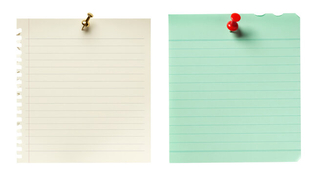 Blank lined stationery paper pages pinned with thumbtacks on black background for school homework reminders office task lists family chore planning organization text notice memo board