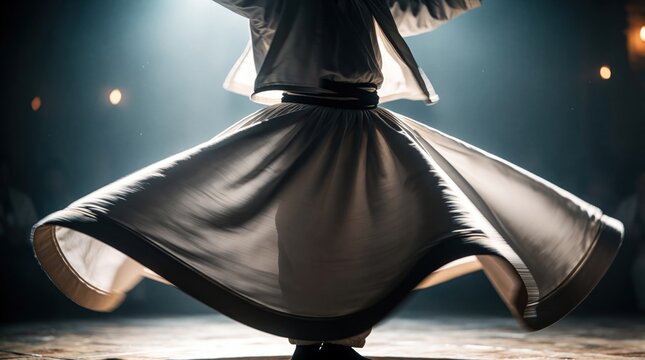 Dervish spins in white robe during religious ceremony. Mystic dance shows spiritual trance and Sufi tradition. Man rotates in dark room, white skirt flares.