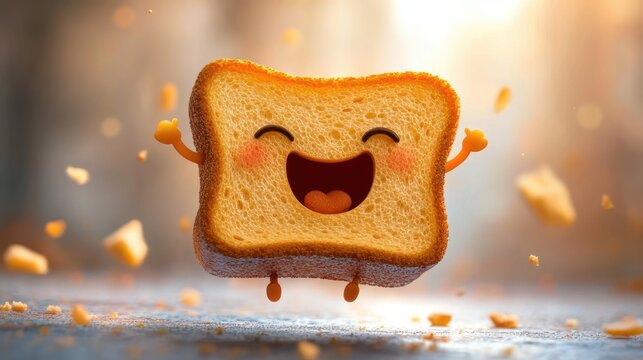 joyful smiling slice of toasted bread with arms and legs jumping among flying crumbs in warm glowing morning light
