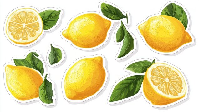 bright cheerful sticker-style lemons and lemon halves with green leaves and white cutout outlines on a clean white background, fresh and sunny