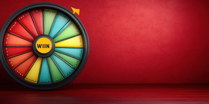 colorful prize wheel with multicolored segments and arrow pointer against a textured red wall and glossy floor, playful excited mood