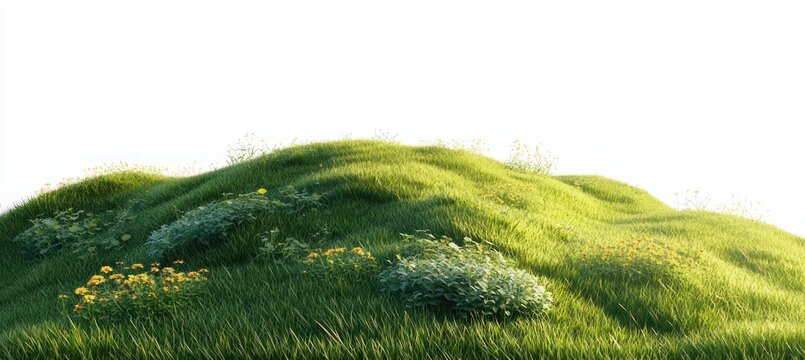 sunlit rolling grassy mounds dotted with yellow wildflowers and low leafy patches, bathed in warm light and evoking a peaceful tranquil meadow