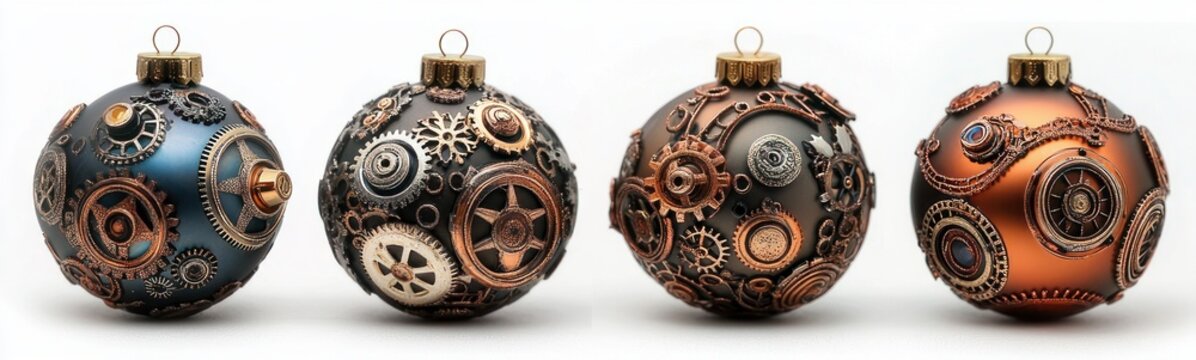four retro industrial metal baubles covered with gears and cogs in copper and bronze tones on white background conveying a whimsical festive vintage mood