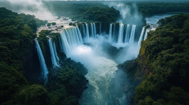 aerial view of dramatic multi-tiered waterfalls and roaring river plunging through lush green rainforest with swirling mist and deep verdant gorge, evoking awe and serene power