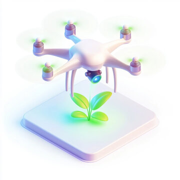 Futuristic smart drone monitoring green seedling 3D isometric illustration of smart agriculture technology