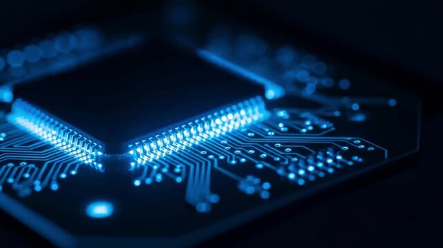 Glowing microprocessor on a circuit board with illuminated pathways, representing advanced computing, electronic engineering, semiconductor technology and digital innovation