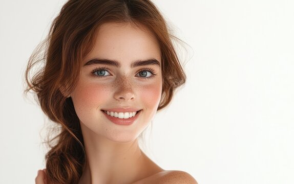 Portrait of a young woman with brown hair in a loose side braid, bare shoulders, a blurred square over her face on a clean white background conveying calm serenity
