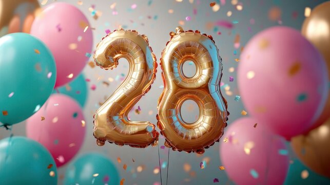 gold foil number 28 balloons surrounded by pink and teal balloons with colorful confetti, festive joyful party atmosphere