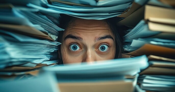 person buried in towering stacks of blue folders and paper files in a narrow tunnel of documents, conveying stress and overwhelm