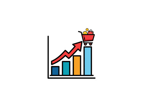 Of An E Commerce Growth Chart Displaying Blue Teal Orange And Light Blue Bars With A Red Upward Arrow And A Shopping Cart Vector Illustration
