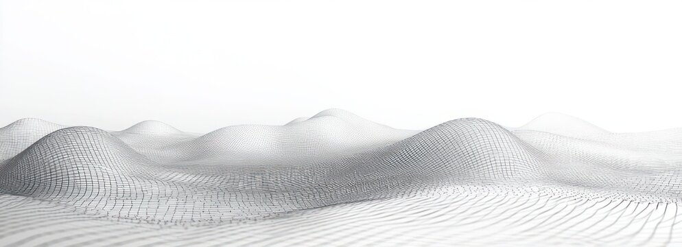 minimal monochrome wireframe mesh landscape of undulating grid hills with dots and connecting lines, serene futuristic panoramic digital surface