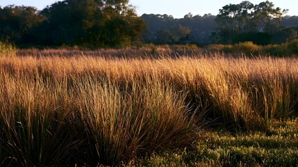 Naklejka premium Golden grasses sway gently under warm sunlight with trees forming a soft backdrop in serene natural landscape