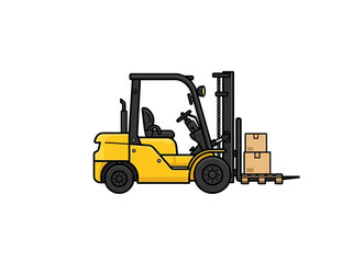 Naklejka premium Yellow Industrial Forklift Truck With Black Roll Cage Lifting Stacked Cardboard Boxes On A Wooden Pallet In Warehouse Setting Vector Illustration