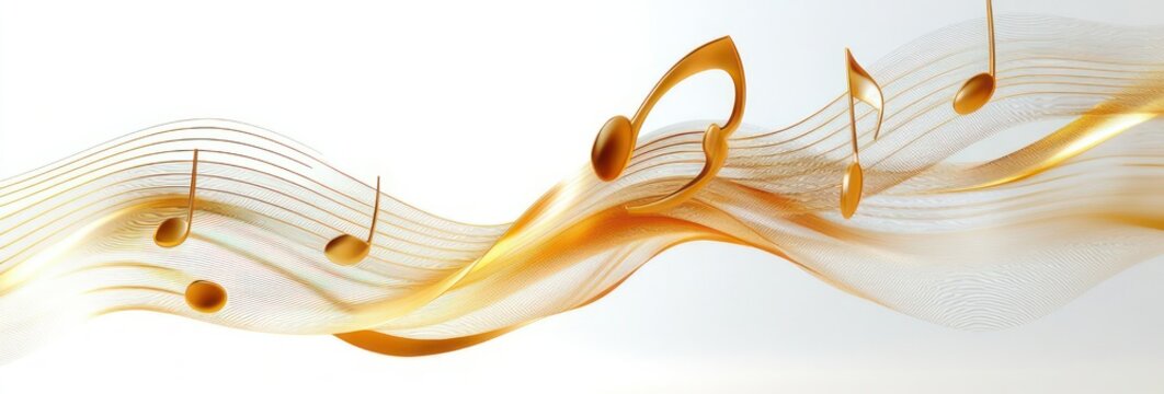 golden musical notes and flowing ribbon on wavy staff lines over a white background conveying uplifting elegant dynamic harmony