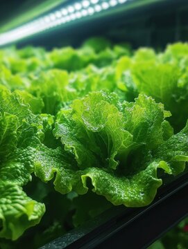 Vibrant dew kissed lettuce leaves under LED grow lights in an indoor hydroponic farm, fresh and lush