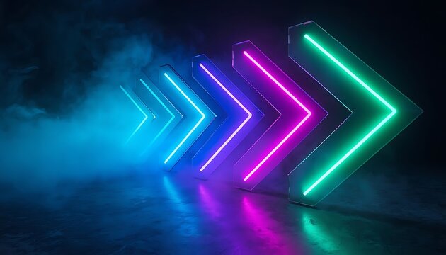 Neon blue purple green arrows with fog on a dark concrete background.
