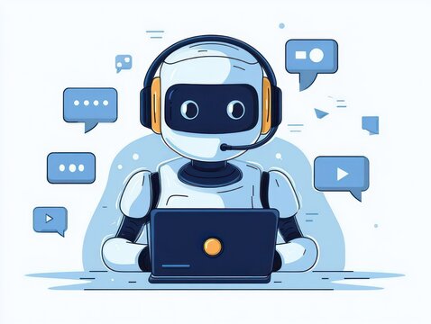 Friendly customer support robot wearing a headset and using a laptop surrounded by chat bubbles and media icons, conveying helpfulness and engagement