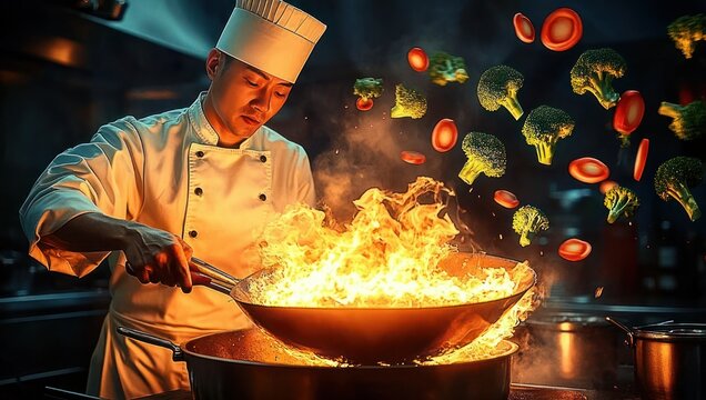 professional chef in white uniform and tall hat flamb&eacute;ing in a wok with towering flames and flying broccoli and tomato slices in a dramatic energetic kitchen