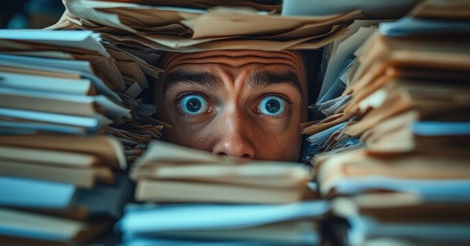overwhelming narrow aisle of stacked file folders and paper piles forming a cluttered tunnel with a blurred rectangular void at the center, evoking stress and claustrophobia