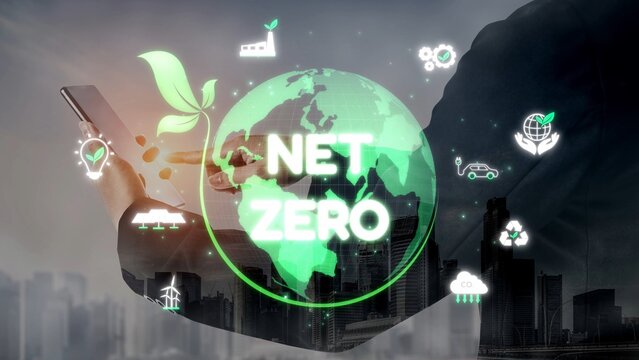 Net zero and sustainability concepts with environmental balance, digital sustainability icons, green energy goals, and eco-conscious digital business transformation for the future. Muxer