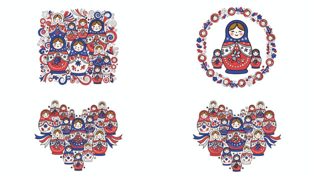 Set of nesting doll patterns featuring traditional Russian matryoshka designs arranged in a square, circle, and heart shapes.