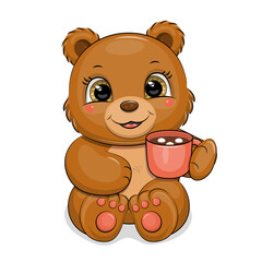 Fototapeta premium Cute Cartoon Brown Bear and Mug with Hot Chocolate. Vector illustration of animal on white background.