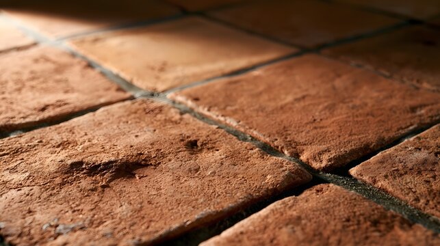 Close up of rustic terracotta floor tiles showing textured surface and warm lighting casting soft shadows between them