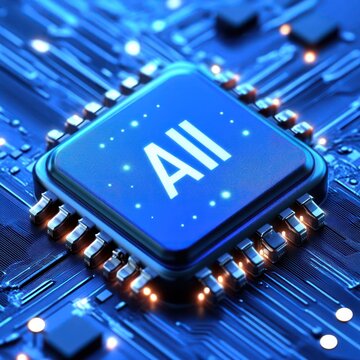 glowing blue AI microchip on a circuit board with metallic pins, illuminated traces and LED lights, evoking futuristic energy and high-tech computing power