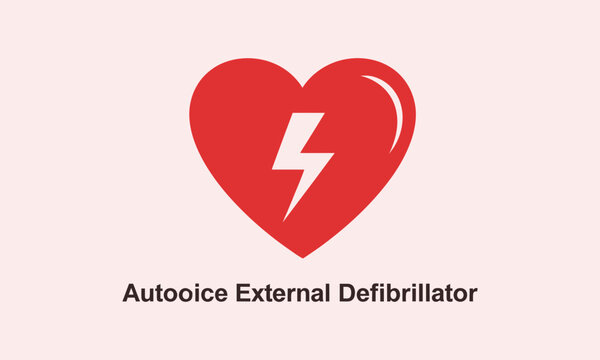 Automated external defibrillator AED icon with red heart and lightning bolt