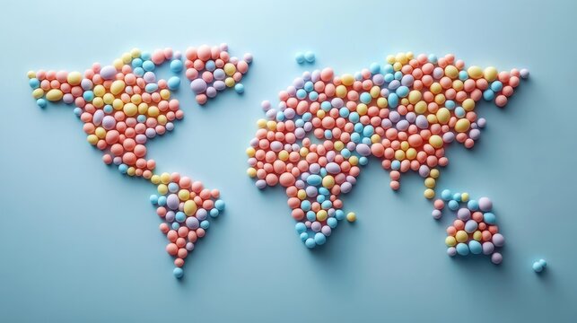 playful world map made of pastel candy spheres on a light blue background, whimsical and joyful